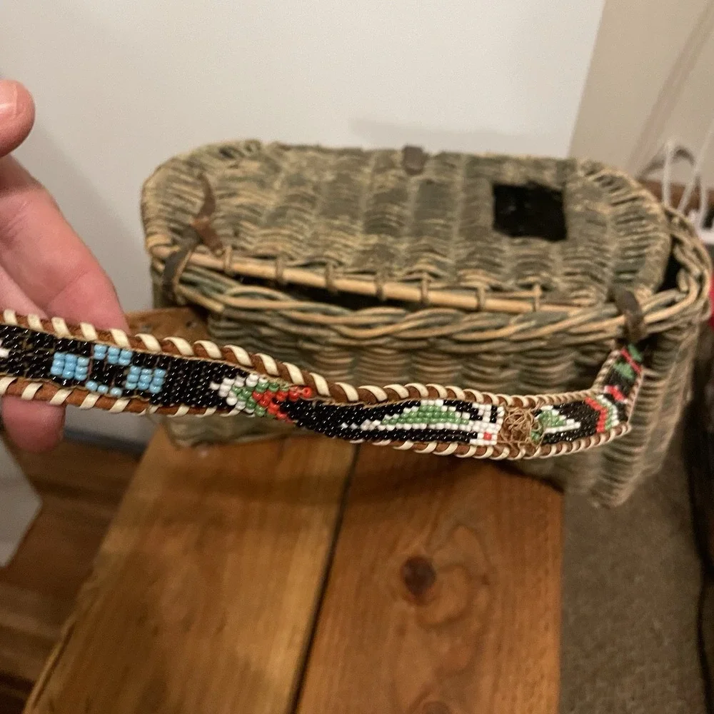 Vintage Green Fishing Creel Large Basket With Native Bead Style Leather Strap